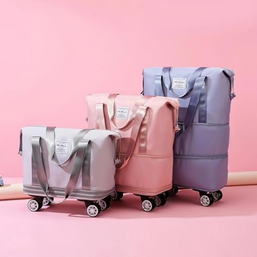 Travel Tote Bag with Trolley Sleeve Expandable Extra Duffel Bag with Wheels Lightweight Traveling Foldable Suitcase - color: Light Gray