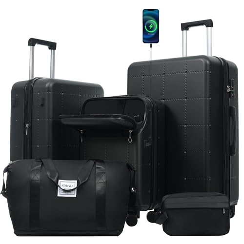 Merax Luggage Sets 5 Piece,Hardside Carry On Suitcase Set with USB Port - color: Black(20 top-open), style: 3-piece Set(20/24/28)