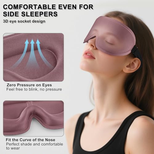2 Pack Sleep Mask for Side Sleeper, Complete Light Blocking 3D Sleeping Eye Mask, Soft Breathable Eye Cover for Women Men, Travel, Nap, Relaxing Zero Pressure Night Blindfold (Pink+Purple) - color: Pink+purple