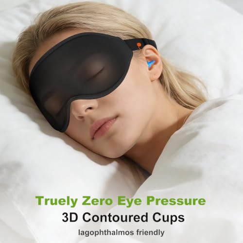 3D Contoured Sleep Mask with Earplug Keeper,Earbuds Anti-Loss,100% Pressure-Free & Total Light Blocking Eye Mask with Adjustable Strap. Ideal for Sleep Earplug User, Airplane Travel, Meditation Black - color: Black