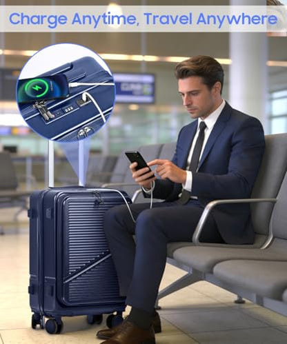 Hard Shell Luggage Set 4 Piece with Spinner Wheels, 20/24/28 Inch Suitcases with TSA Lock, 20in Carry On with Front Laptop Pocket & USB Port, Travel Suitcase Set with Cosmetic Case - color: Blue, size: 4-Piece Set (13/20/24/28)