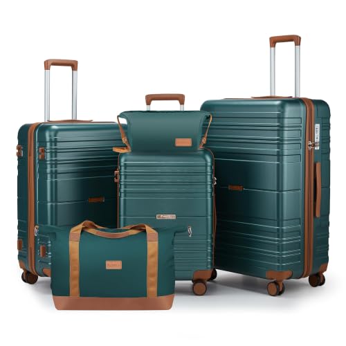 Luggage Sets with Spinner Wheels, Lightweight Hardshell Suitcase Set with TSA Lock, Carry On Checked Luggage Set with YKK Zippers (Dark Green, 5 piece sets(20/24/28/DB/TB)) - color: Dark Green, size: 5 piece sets(20/24/28/DB/TB)