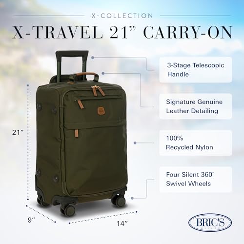 Bric's X-Travel 21” Carry-On Spinner – Airline Approved Luxury Softside Luggage with 360° Wheels, Recycled Water-Resistant Fabric, Interior Pockets, and Leather Details – Olive - color: Olive, size: Carry-On