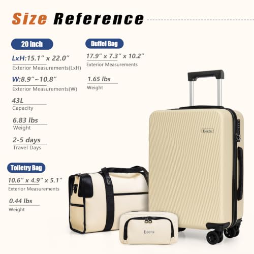 Eeeza Luggage Sets 3 Piece, Carry on Luggage 20in Suitcase Set,Beige - color: Beige, size: 3 Piece (20")