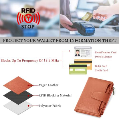 Airkit Small Wallet Women RFID Blocking Vegan Leather Bifold Compact Card Holder Wallet for Women with Zipper Coin Pocket 4 ID Window - color: Orange