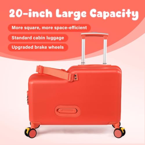 20in Rideable Suitcase with Wheels, Kids Suitcase Travel Carrier Cabin Case - color: Cuckoo red