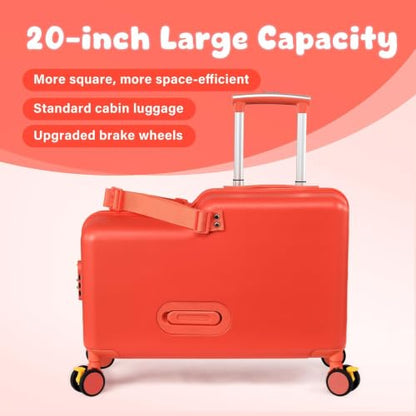 20in Rideable Suitcase with Wheels, Kids Suitcase Travel Carrier Cabin Case - color: Cuckoo red