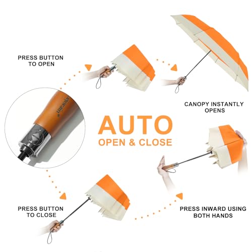 Large Golf Umbrella 54 Inch Compact Folding Auto Close Wood Handle Rain - color: Orange