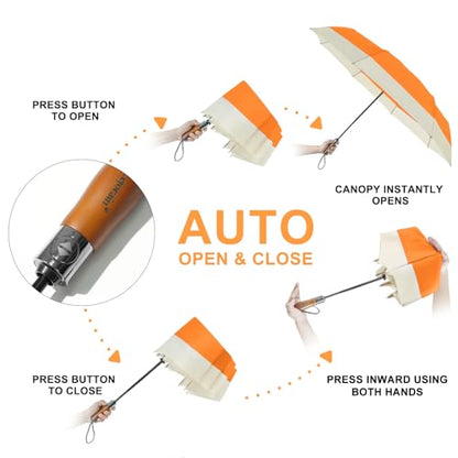 Large Golf Umbrella 54 Inch Compact Folding Auto Close Wood Handle Rain - color: Orange