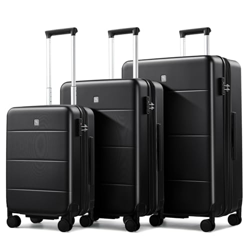 Hanke 3 Piece Luggage Set Expandable Hardside Suitcases with Spinner Wheels - color: Jet Black, size: 20/24/28 Inch EXT