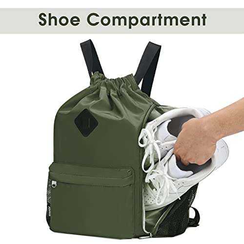 WANDF Drawstring Backpack with Shoe Compartment, Sports Gym Bag - color: L, Dark Green, size: Large