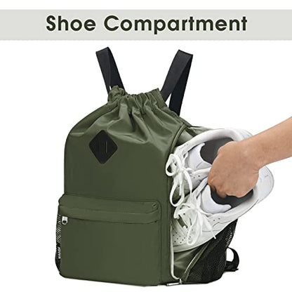 WANDF Drawstring Backpack with Shoe Compartment, Sports Gym Bag - color: L, Dark Green, size: Large
