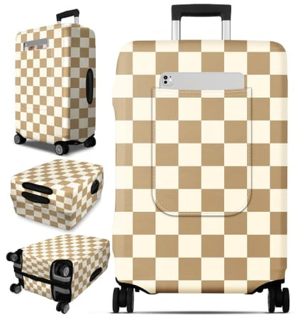 Slohif Classic Khaki Checkered Luggage Cover with Storage Pocket 24-27 inch - color: Light Khaki Checkered, size: M-(24-27)Inch