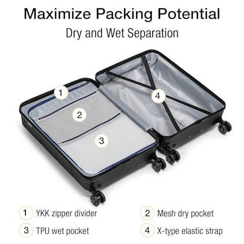 KYME 24 Inch Luggage TSA Approved Hardshell Suitcases with Spinner Wheels Durable PC+ABS Medium Checked Travel Luggage for Women Men - color: Black, size: Checked-Medium 24-Inch