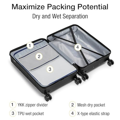 KYME 24 Inch Luggage TSA Approved Hardshell Suitcases with Spinner Wheels Durable PC+ABS Medium Checked Travel Luggage for Women Men - color: Black, size: Checked-Medium 24-Inch