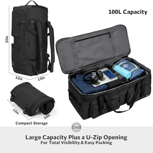 STOVER 45/80/100L U-Zip Rolling Duffel Bag with Wheels, X-Large Durable Travel Duffle + Toiletry Bag, Lay-Flat Opening, Packable w/Shoulder Straps- Use as Luggage or Backpack, Men/Women (Black) - color: U-Zip Voyager Black