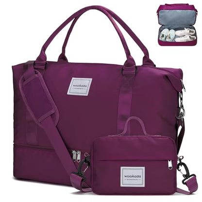 WOOMADA Weekender Overnight Bag for Women, Shoulder Travel Duffel with Shoes Compartment,Gym Bag with Toiletry Bag - color: Purple