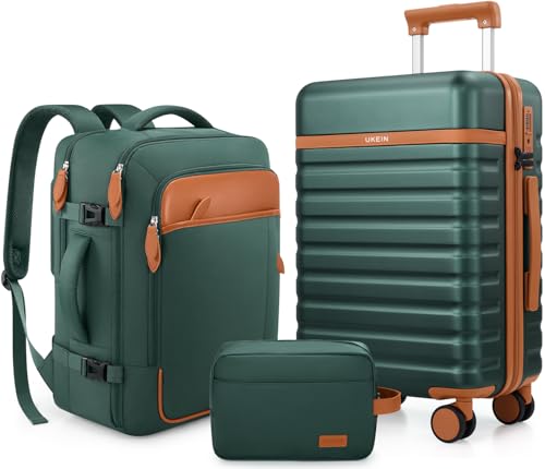 UKEIN Luggage Sets 3 Piece, 28in Checked Luggage With Travel Backpack - color: Green, size: 3 piece set (28inch)