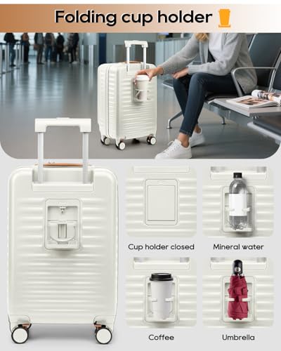 Joyway 20 Inch Carry On Luggage with Front Pocket and Cup Holder, White - color: Beige, size: 20 Inch