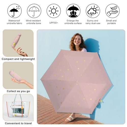 Mini Travel Umbrella, UPF 50+ Purse Umbrella with Case and Carabiner - color: Pink