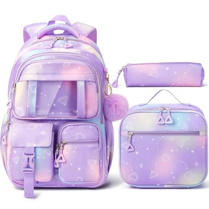 Fimibuke Kids Backpack for School Girls, Waterproof Backpack w/Lunch Box - color: A2.Diamond Purple