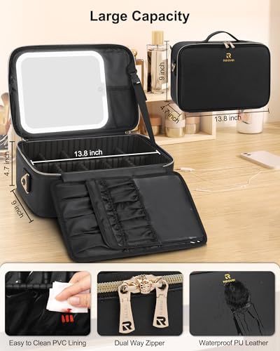 Chomeiu Makeup Bag with LED Mirror, Travel Cosmetic Bag with Shoulder Strap - color: 01-Black, size: Medium