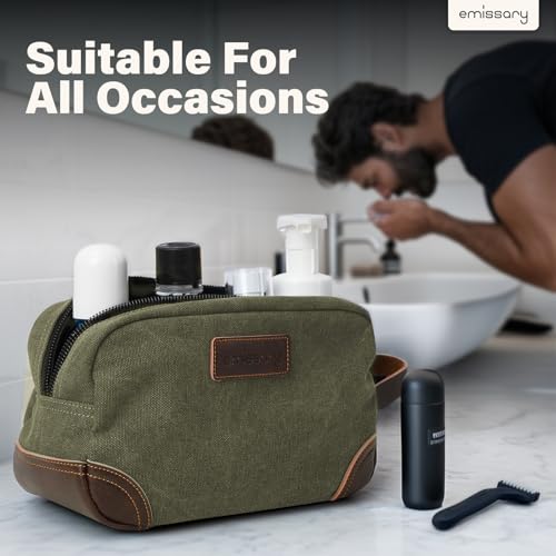 emissary Men's Canvas Travel Toiletry Bag, Leather Dopp Kit - Dark Green - color: Dark Green