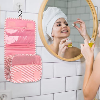 Hanging Toiletry Bag Travel Waterproof Makeup Organizer(Pink Stripe) - color: Pink Stripe