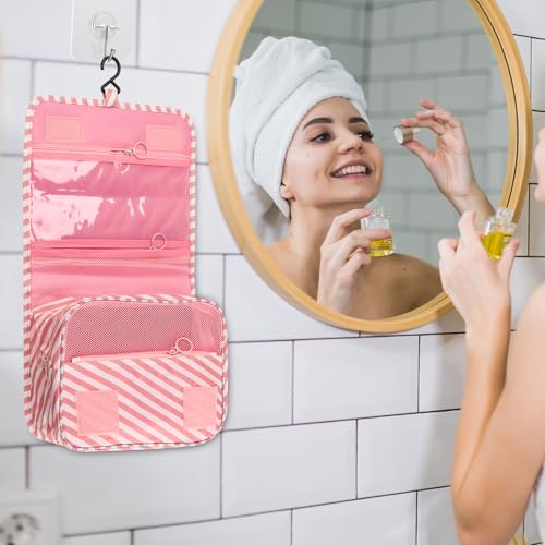 Hanging Toiletry Bag Travel Waterproof Makeup Organizer(Pink Stripe) - color: Pink Stripe