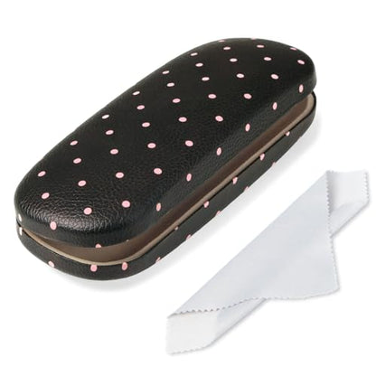 Glasses Case Hard Shell, Cute Sunglasses Case for Women Leather Protective Case for Eyeglass with Cleaning Cloth - color: Black Pink Polka Dot