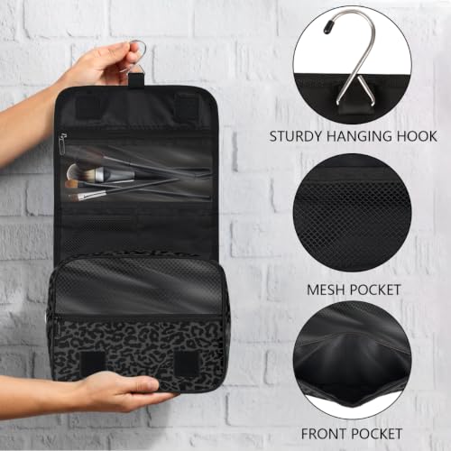 Travel Hanging Toiletry Bag for Women kids, Black Leopard Print Cosmetic Bag Waterproof Makeup Organizer for weekend overnight Bathroom - color: D 05