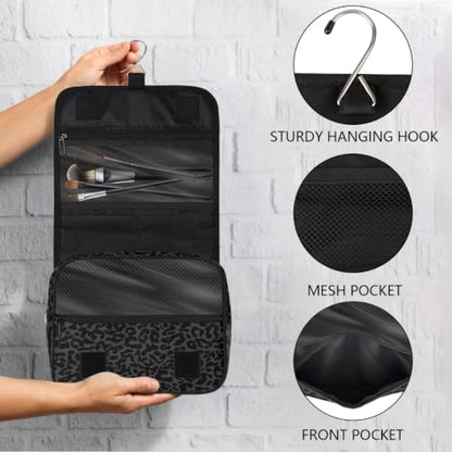 Travel Hanging Toiletry Bag for Women kids, Black Leopard Print Cosmetic Bag Waterproof Makeup Organizer for weekend overnight Bathroom - color: D 05