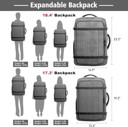 Comfort Travel Backpack,Expandable Carry on Backpack with LifetimeWarranty - color: Grey, size: 17.3inch - 19.2"x13.4"x7.9"(+2.7")