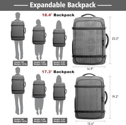 Comfort Travel Backpack,Expandable Carry on Backpack with LifetimeWarranty - color: Grey, size: 17.3inch - 19.2"x13.4"x7.9"(+2.7")