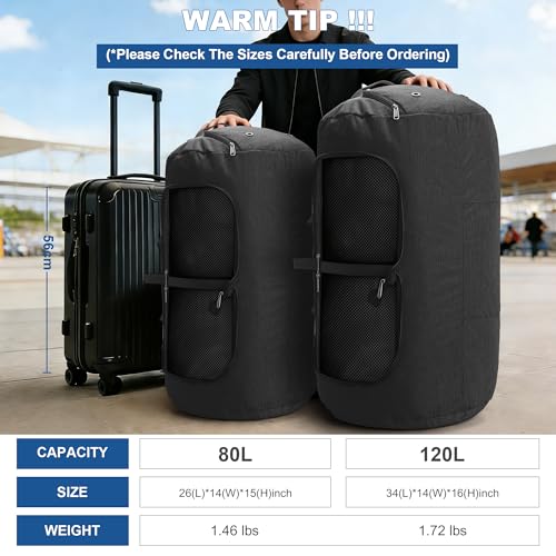 80L EXTRA LARGE Foldable Waterproof Travel duffle Bag for Men and Women - color: Black, size: 80L