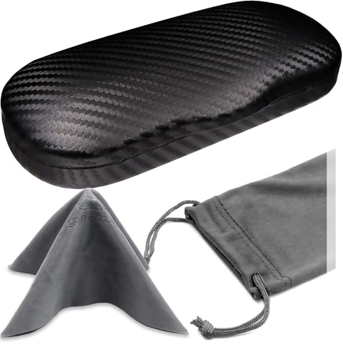 MyEyeglassCase Men's Medium Glasses Case - Classic Eyeglasses Hard Shell Holder, Elegant Easy Open Lip with Pouch and Cloth - color: As196 Carbon Black