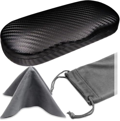 MyEyeglassCase Men's Medium Glasses Case - Classic Eyeglasses Hard Shell Holder, Elegant Easy Open Lip with Pouch and Cloth - color: As196 Carbon Black