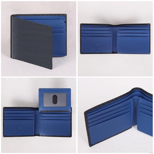 VISOUL Mens Carbon Fiber Leather Wallets Bifold with RFID Blocking, Designer Billfold Wallet with 1 ID window for Men (Black+Blue) - color: Black+Blue