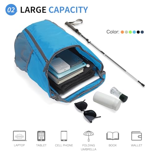 Hiking Backpack 20L Foldable Daypack for Men Women Nylon Lake Blue | Packable Backpack for Men Women, Small Foldable Day Pack Waterproof for Travel Camping Mountaineering - color: Lake Blue