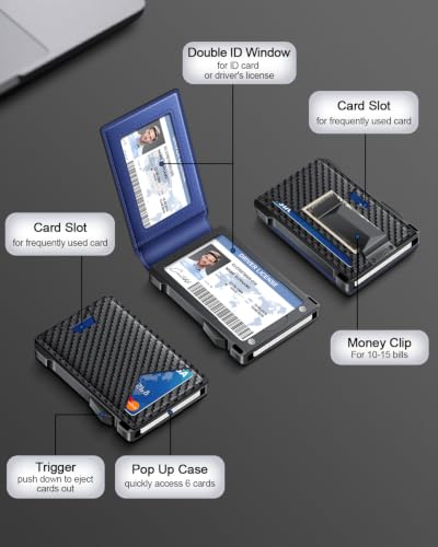 Wallet for Men RFID Wallet with 2 ID Windows & Money Clip, Slim Card Holder - color: Carbon Fiber + Blue