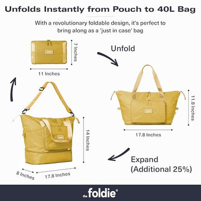The Foldie Foldable Travel Bag for Women - 40L Weekender Bag with Multiple Pockets - Carry On Expendable Travel Bag - color: Yellow
