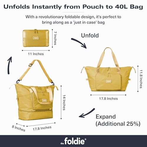 The Foldie Foldable Travel Bag for Women - 40L Weekender Bag with Multiple Pockets - Carry On Expendable Travel Bag - color: Yellow