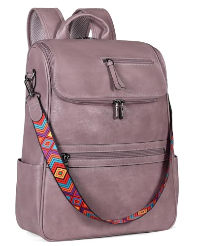 FADEON Laptop Backpack for Women, Vegan Leather 15.6 inch Computer bag - color: Purple Retro Style