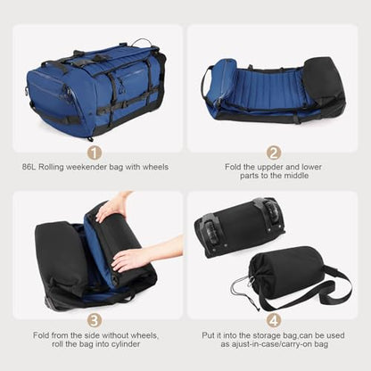 29 Inch Foldable Wheeled Duffle Bag, Waterproof Rolling Travel Bag - color: Navy