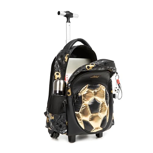 Meetbelify Rolling Backpack with Wheels for Boys Rolling Backpacks with Lunch Box Pencil Case for Elementary Students Kids Football Luggage Travel Suitcase for Boys 6-8 - color: Black Football