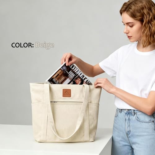 Light Canvas Shoulder Bag for Women Retro Bucket Tote - color: Beige