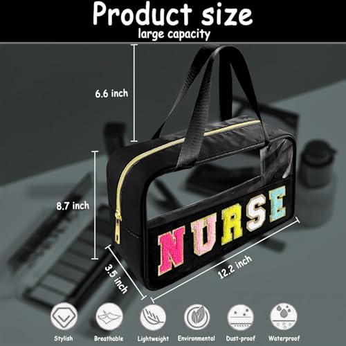 Bunliuys Chenille Letter Clear Makeup Bag with Nurse Patch, Travel Toiletry Makeup Bag with Handle, Nylon Waterproof Cosmetic Bag, Preppy Patch Makeup Bag for Women (NURSE-Black) - color: Black3
