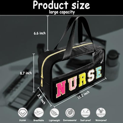 Bunliuys Chenille Letter Clear Makeup Bag with Nurse Patch, Travel Toiletry Makeup Bag with Handle, Nylon Waterproof Cosmetic Bag, Preppy Patch Makeup Bag for Women (NURSE-Black) - color: Black3