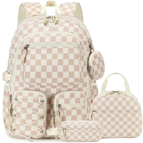 PiPiCat Backpack for Girls 4 in 1 Back to School Bookbag - color: K2 Checkered Beige