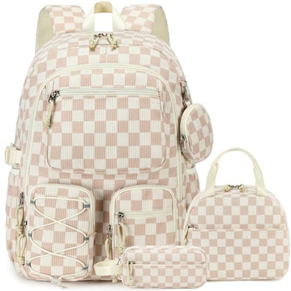 PiPiCat Backpack for Girls 4 in 1 Back to School Bookbag - color: K2 Checkered Beige